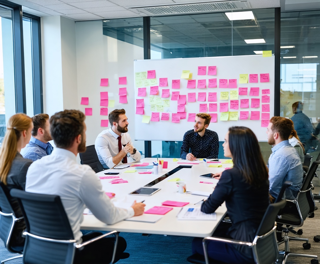 Reunión estratégica con notas y planes