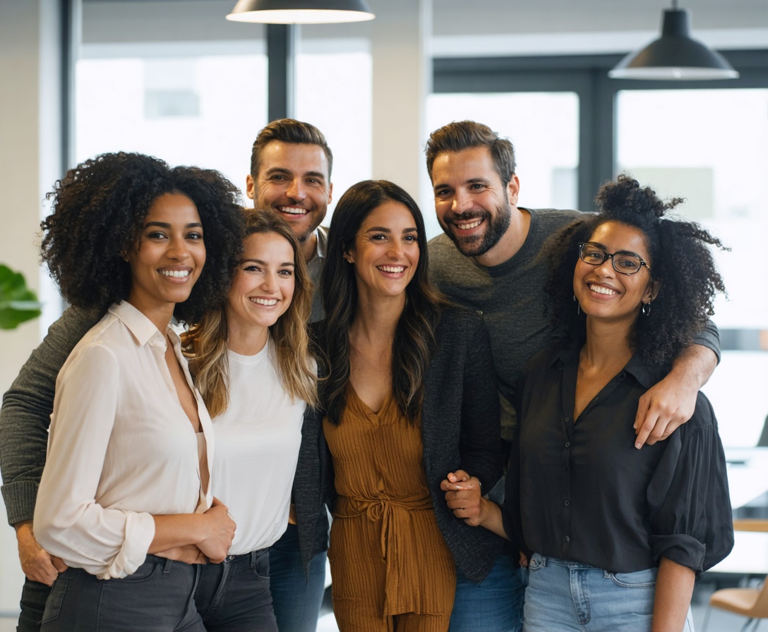 Equipo de consultoría reunido y sonriente